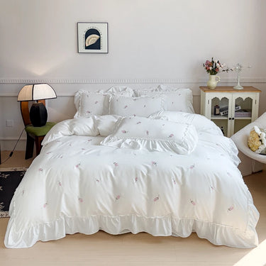 Premium Korean Princess Rose Flowers Embroidered Washed Cotton Skin Friendly Bedding Set